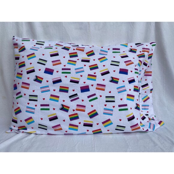 White Pillowcase with LGBTQIA+ Pride Flags Pattern | Handmade | Cotton Flannel - Picture 1 of 5